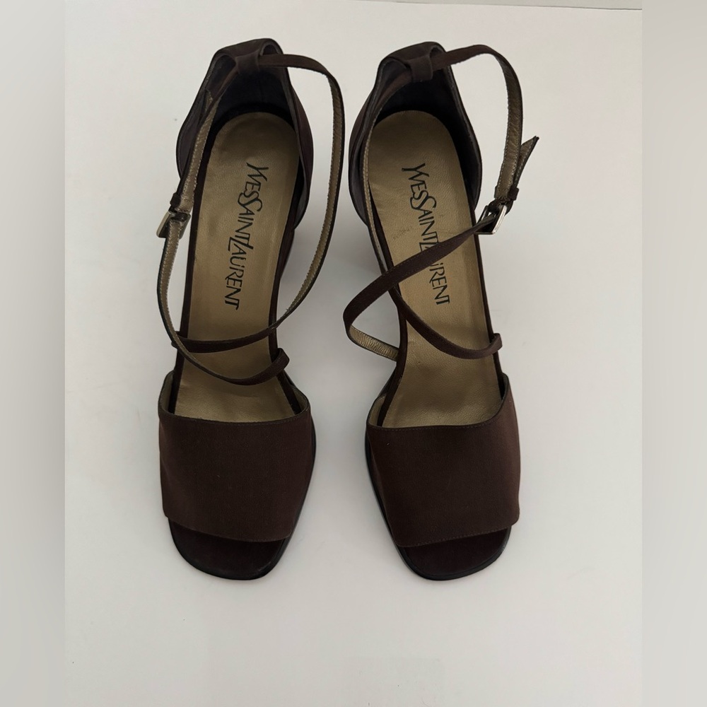 Yves Saint Laurent Vintage Open Toe Block Heel Strappy Sandals Brown Sz.7 Italy - Picture 3 of 11